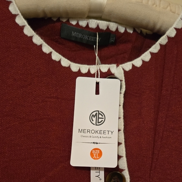 NWT MEROKEETY Women's Oversized Burgundy Cardigan - Picture 3 of 6